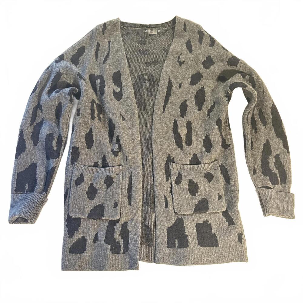 Open Front Cardigan with Pockets Women Size M Gray Black Leopard‎ Print Office